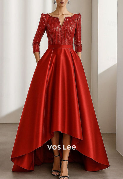 Elegant Sequined Long Sleeve V Neck Satin A-Line Evening Gown