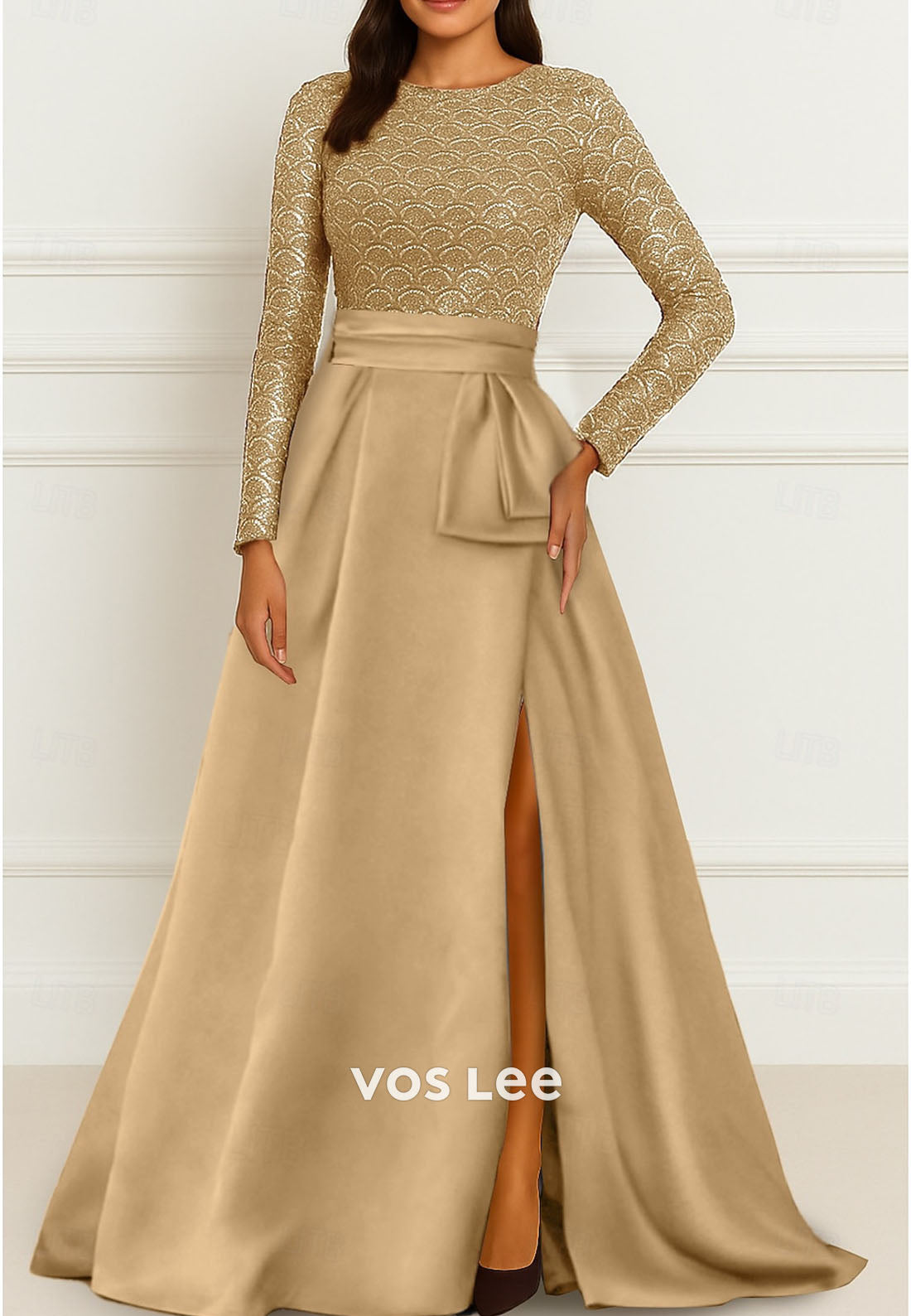 Sequin O Neck A-Line Long Sleeve Satin Evening Gown