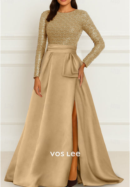 Sequin O Neck A-Line Long Sleeve Satin Evening Gown