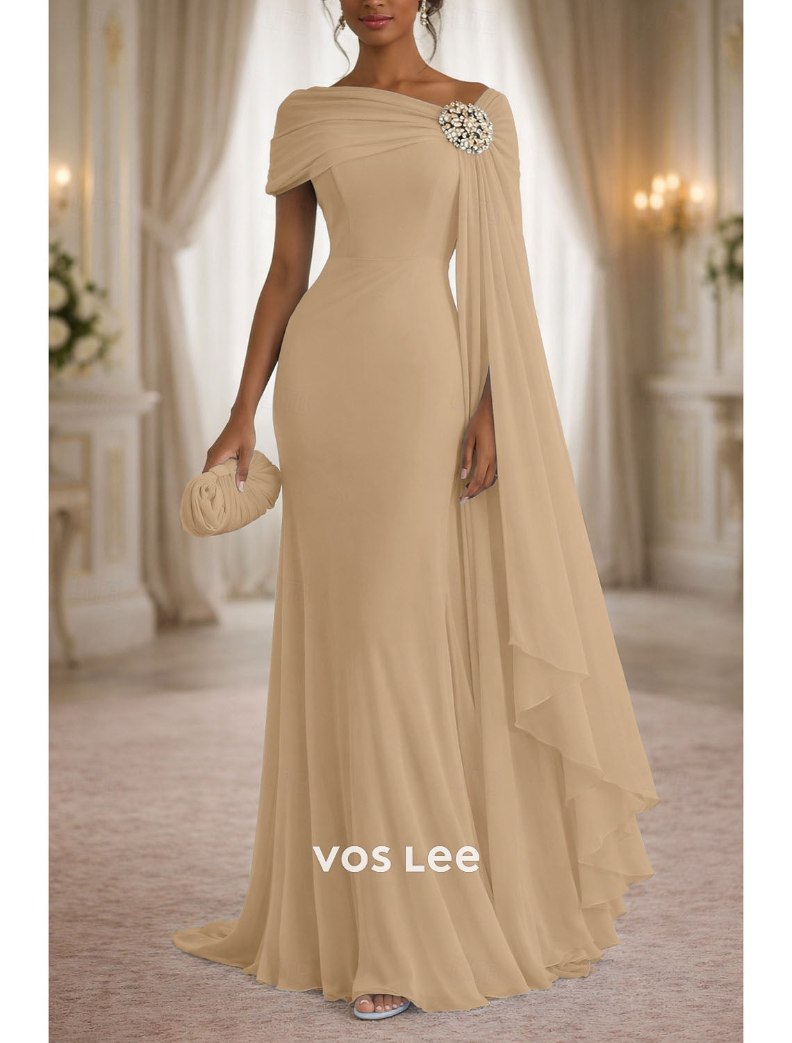 One-Shoulder Mother of the Bride Dress with Cape Detail | Chiffon Floor-Length Formal  Gown