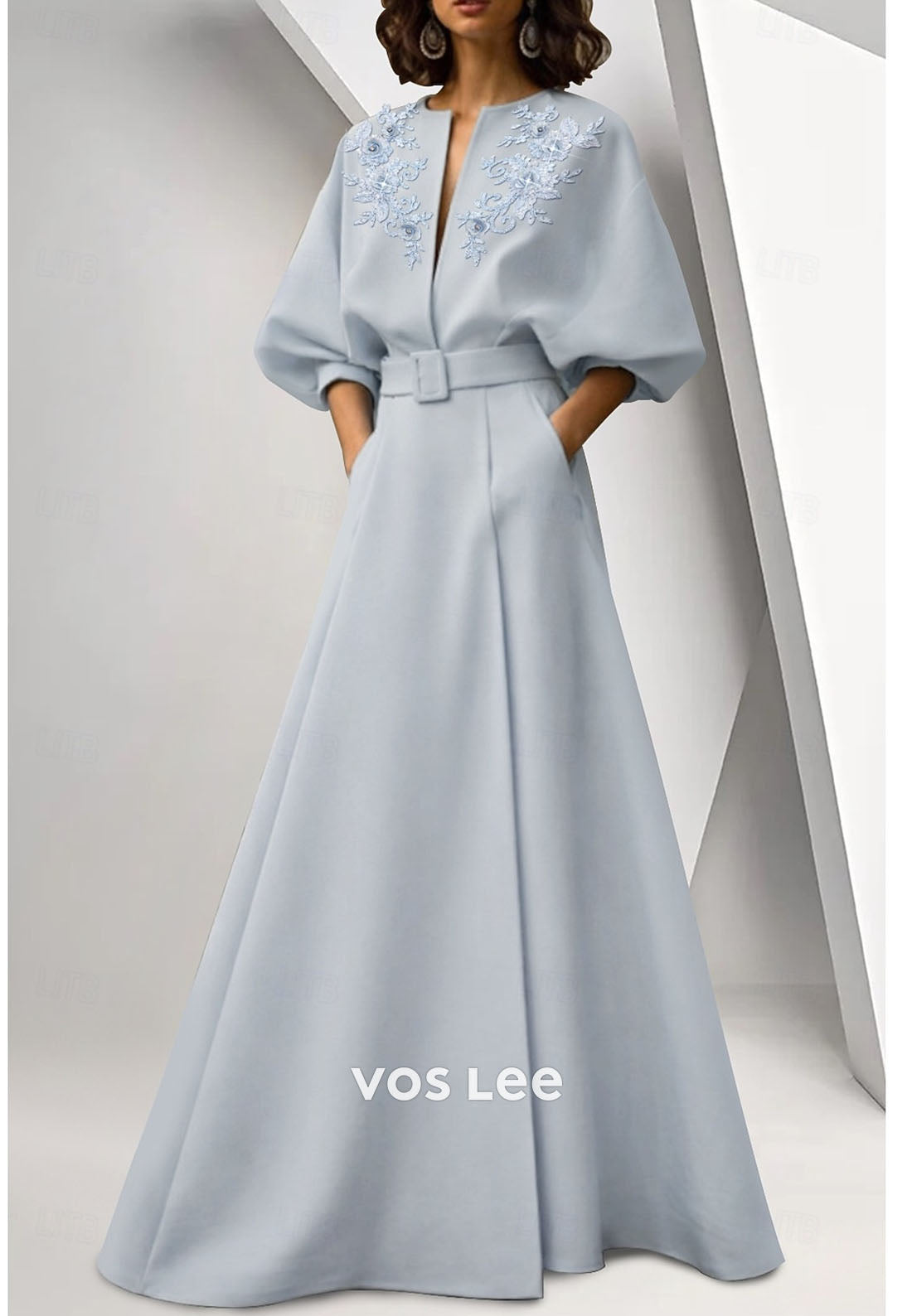 Dusty Blue A-Line Evening Gown – Floral Appliqué V-Neck Formal Dress with Belt