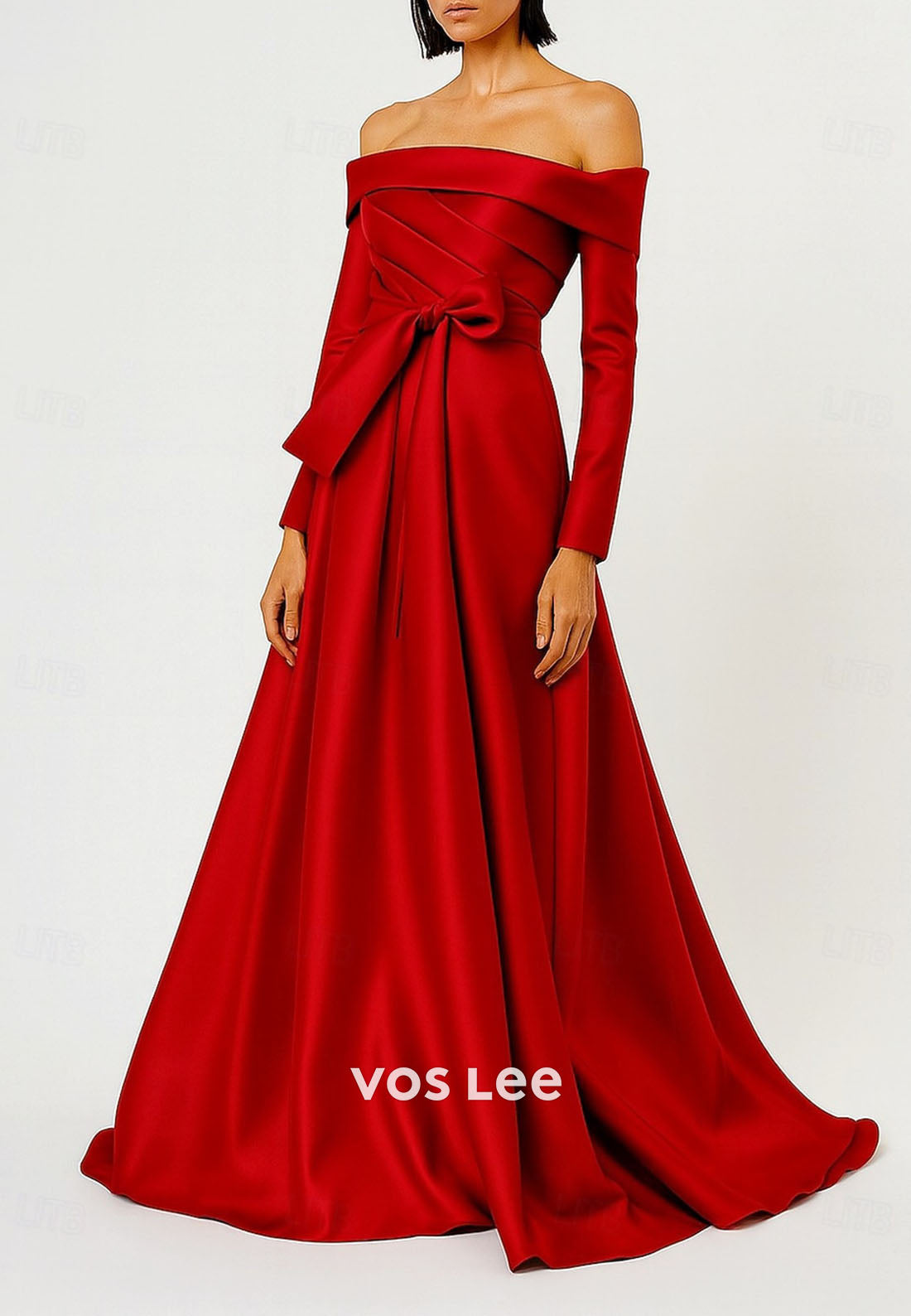 Silky Long Sleeve Off Shoulder A-Line Evening Gown with Bow