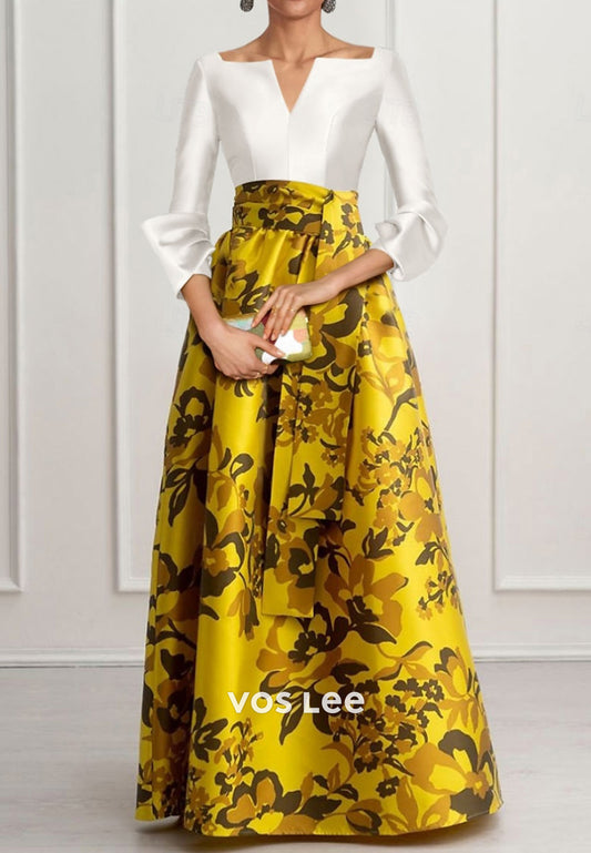 A-Line Gold V Neck 3/4 Sleeve Floral Embellished Floor-Length Evening Dresses