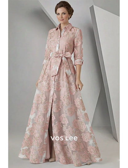 Blush Pink Floral Embroidered Shirt Dress | Belted Waist Rolled Sleeve Maxi Dress with Slit