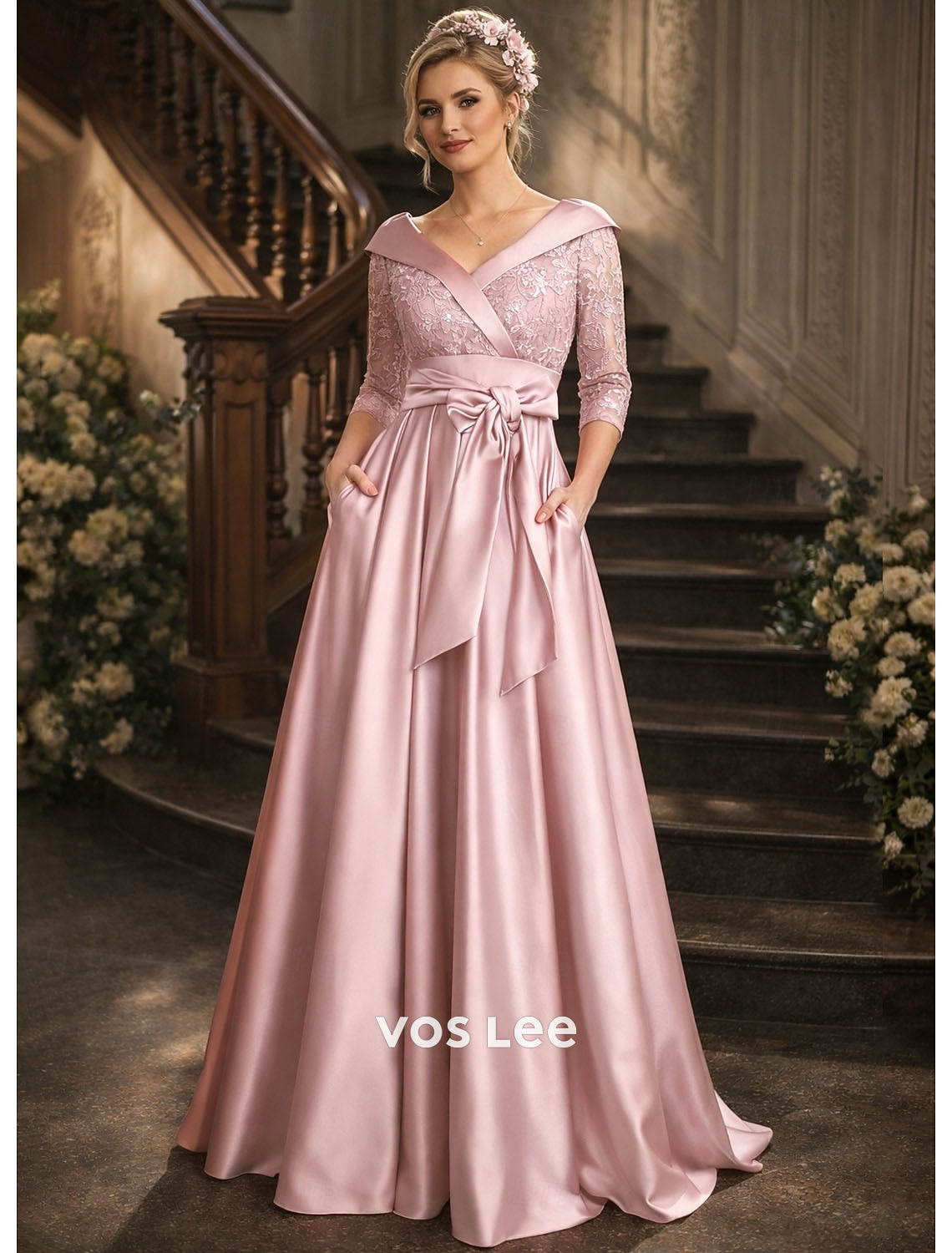 Blush Pink Satin V-Neck Pocketed Mother of the Bride Dress with Lace Bodice Gown