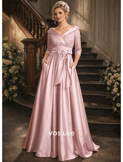 Blush Pink Satin V-Neck Pocketed Mother of the Bride Dress with Lace Bodice Gown