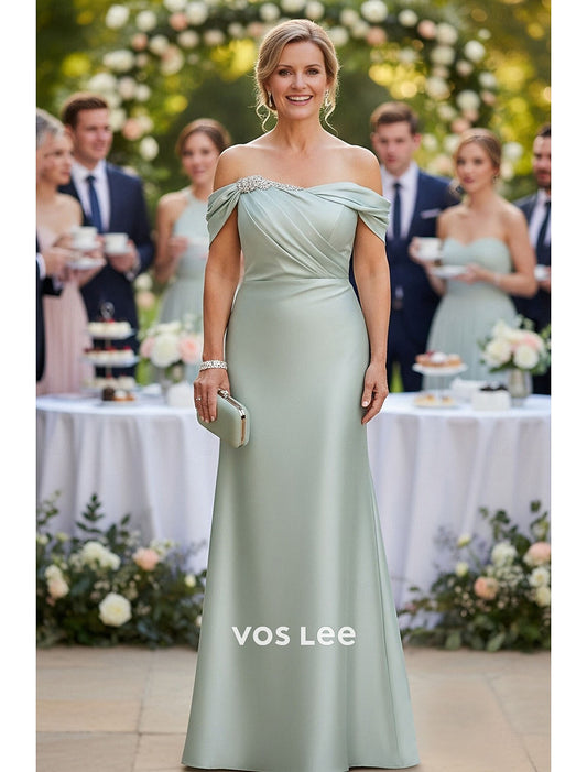 Sage Green Off-the-Shoulder Satin Maxi Dress | Mother of the Bride & Wedding Guest Gown