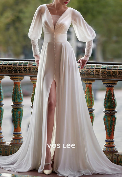 Elegant & Luxurious Long Sleeve V Neck Pleated Sheath Wedding Dresses with High Split
