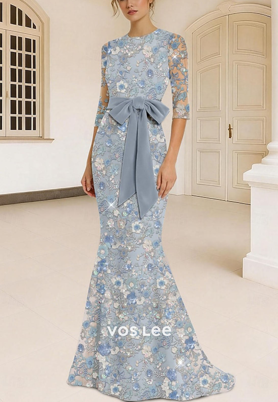 3/4 Sleeve Floral Embellished Formal Dress for Mother of the Bride