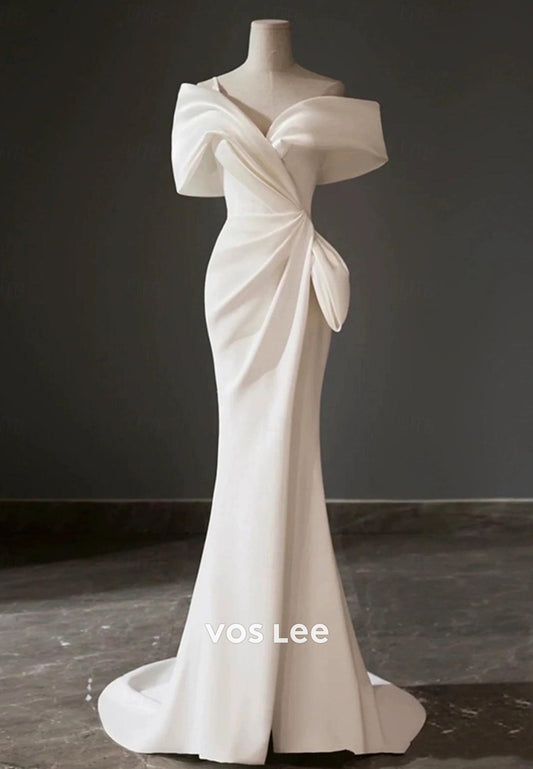 Off the Shoulder Pleated Mermaid Beach Wedding Dresses with Sweep Train