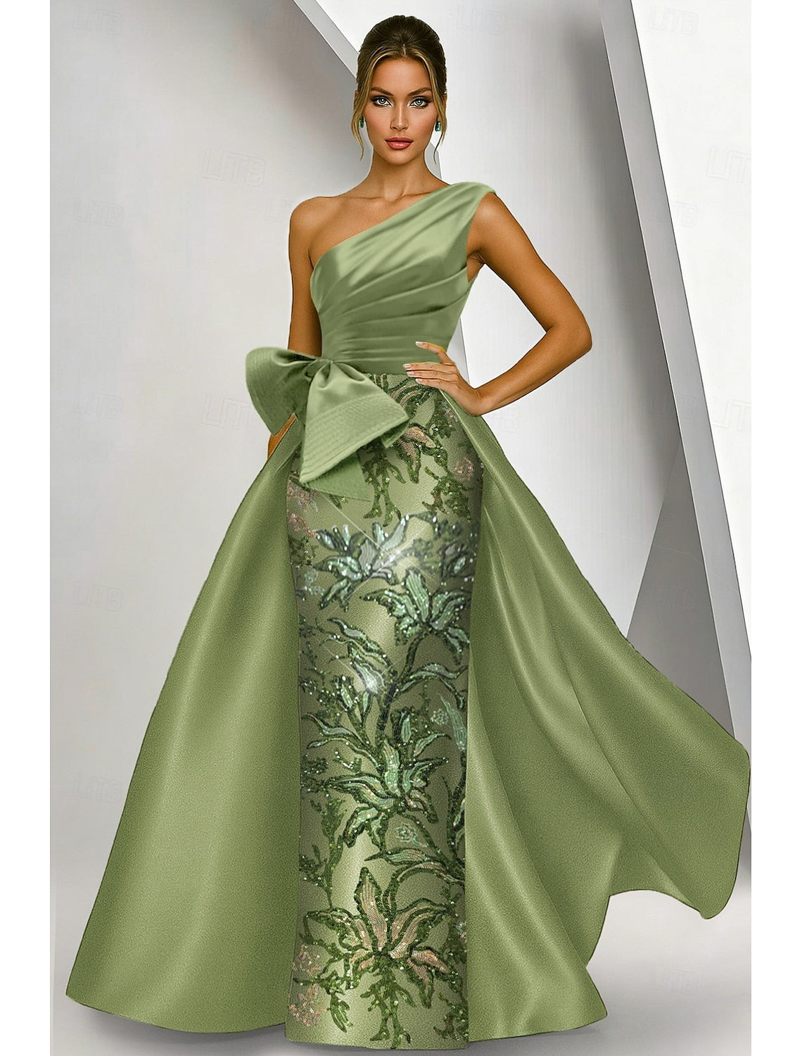 Gold One-Shoulder Evening Dress with Detachable Overskirt | Embroidered Floor-Length Formal Gown
