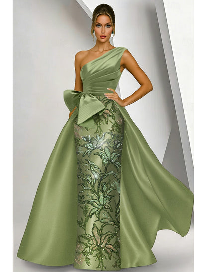 Gold One-Shoulder Evening Dress with Detachable Overskirt | Embroidered Floor-Length Formal Gown