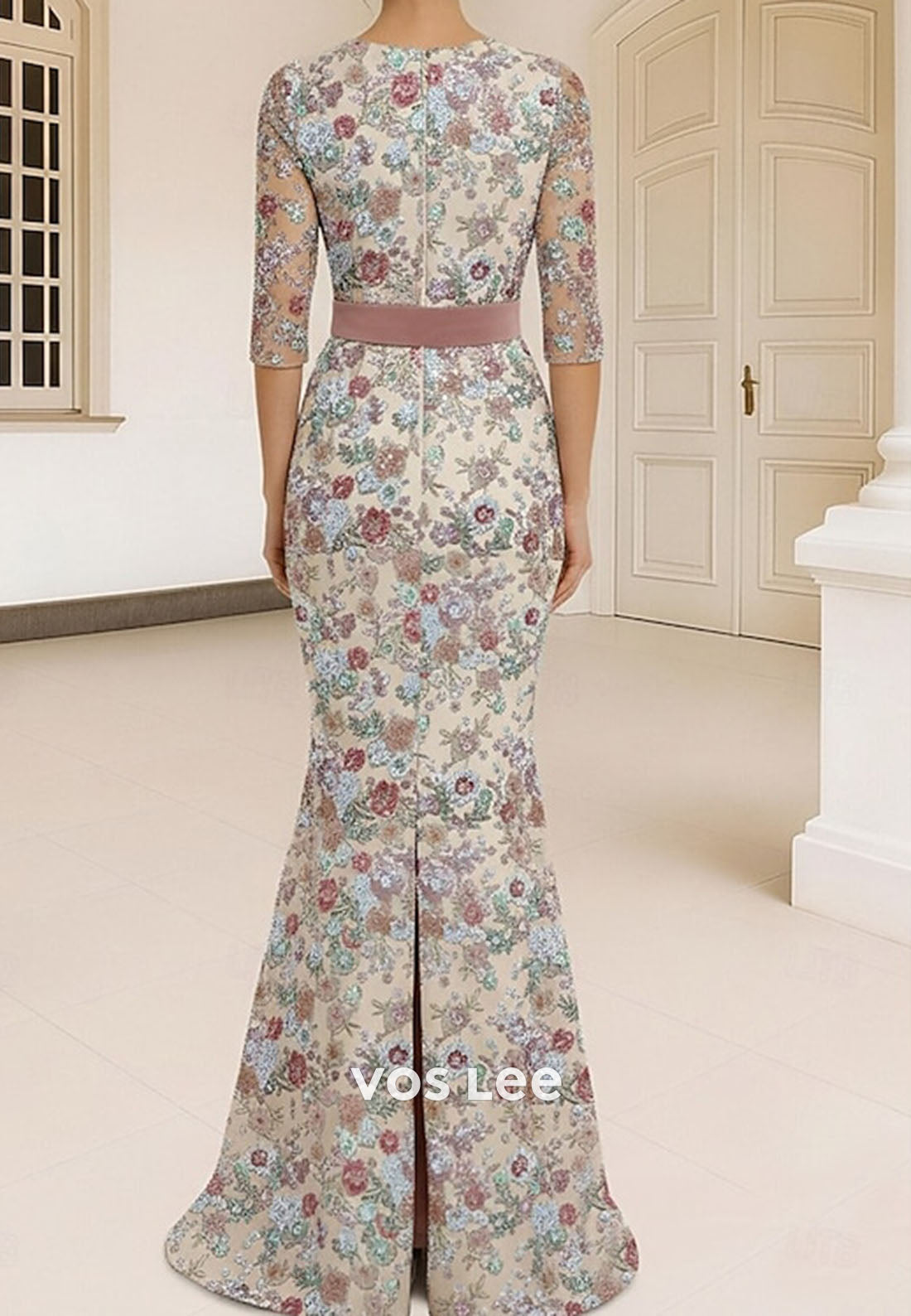 3/4 Sleeve Floral Embellished Formal Dress for Mother of the Bride