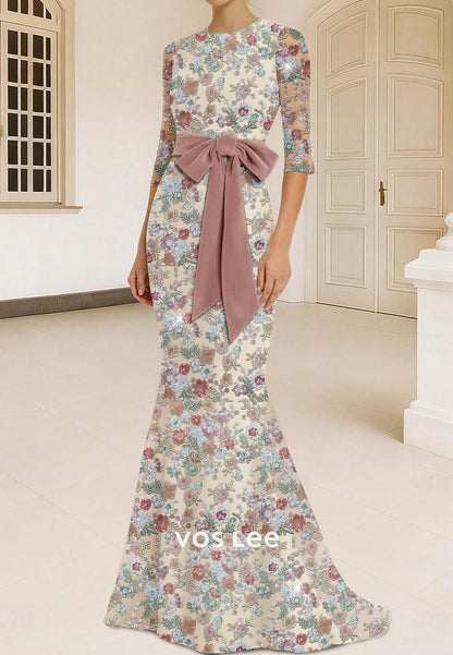 3/4 Sleeve Floral Embellished Formal Dress for Mother of the Bride