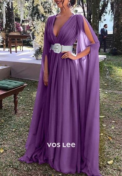 Gorgeous & Charming  A-Line Low V-Neck Pleated Tulle Party Evening Dress with belt