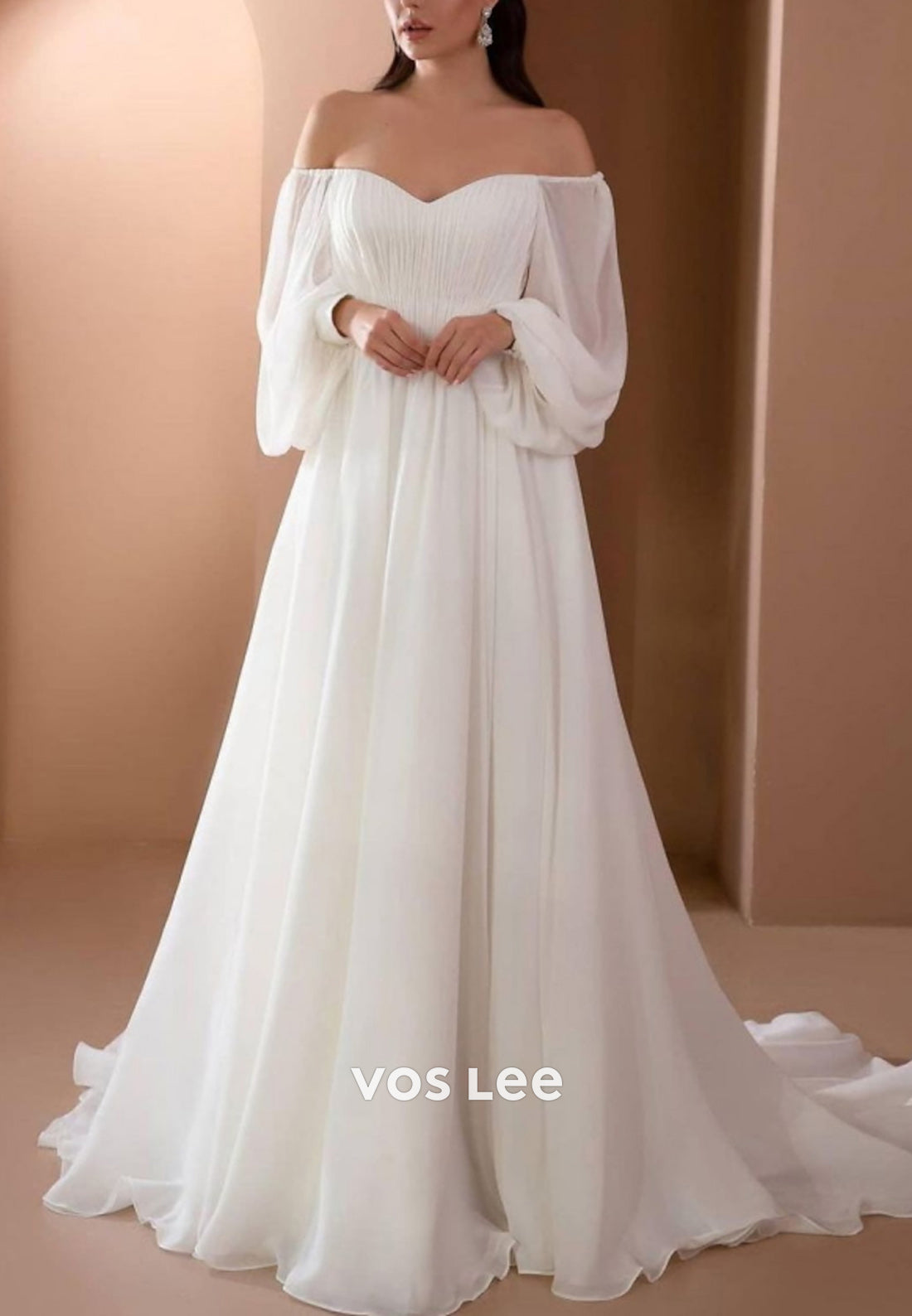 Classic A-Line Long Sleeve Off the Shoulder Pleated Wedding Dresses with Court Train