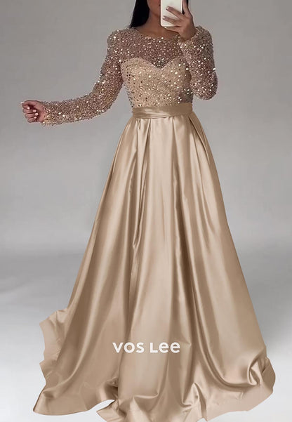 Long Sleeves Sequins Sweetheart Pleated Evening Dress with Sweep Train