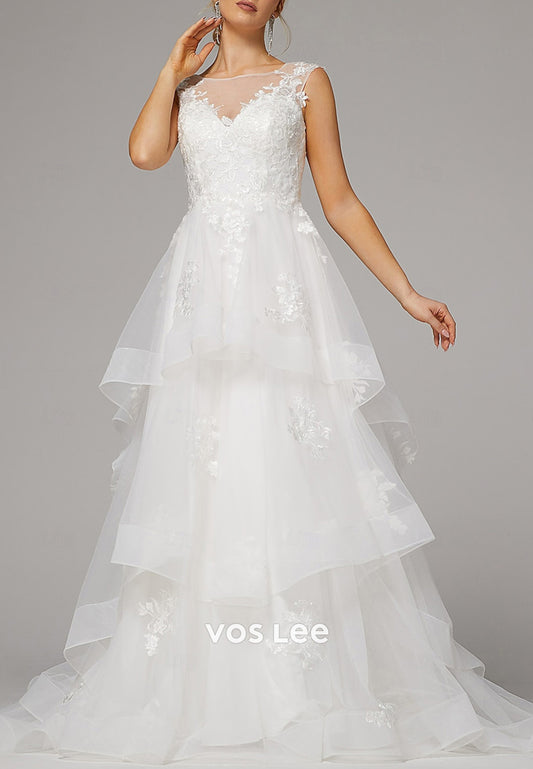 A-Line Illusion Neck Appliques Lace Beach Pleated Wedding Dresses with Sweep Train