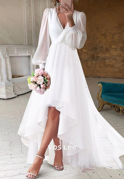Couture & Ornate High Low A-Line Long Sleeve V Neck Pleated Wedding Dresses