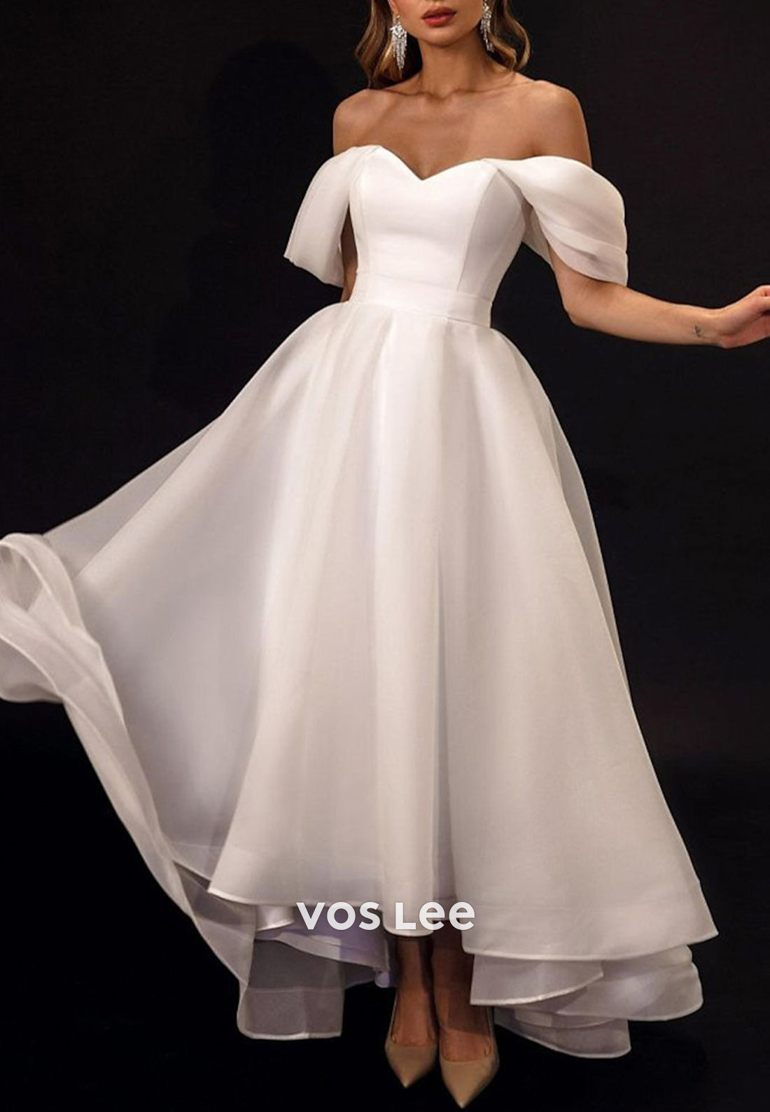 Classic & Timeless A-Line Off the Shoulder Pleated High Low Wedding Dresses