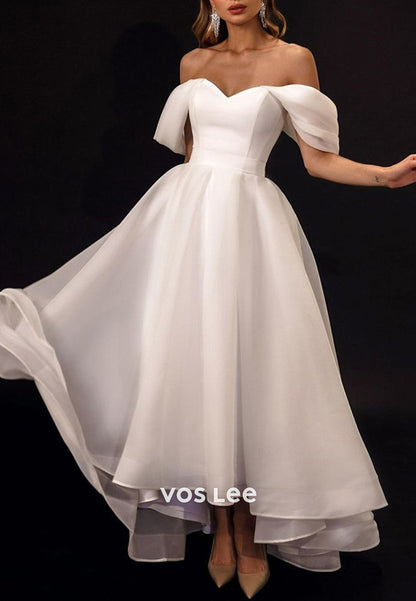 Classic & Timeless A-Line Off the Shoulder Pleated High Low Wedding Dresses