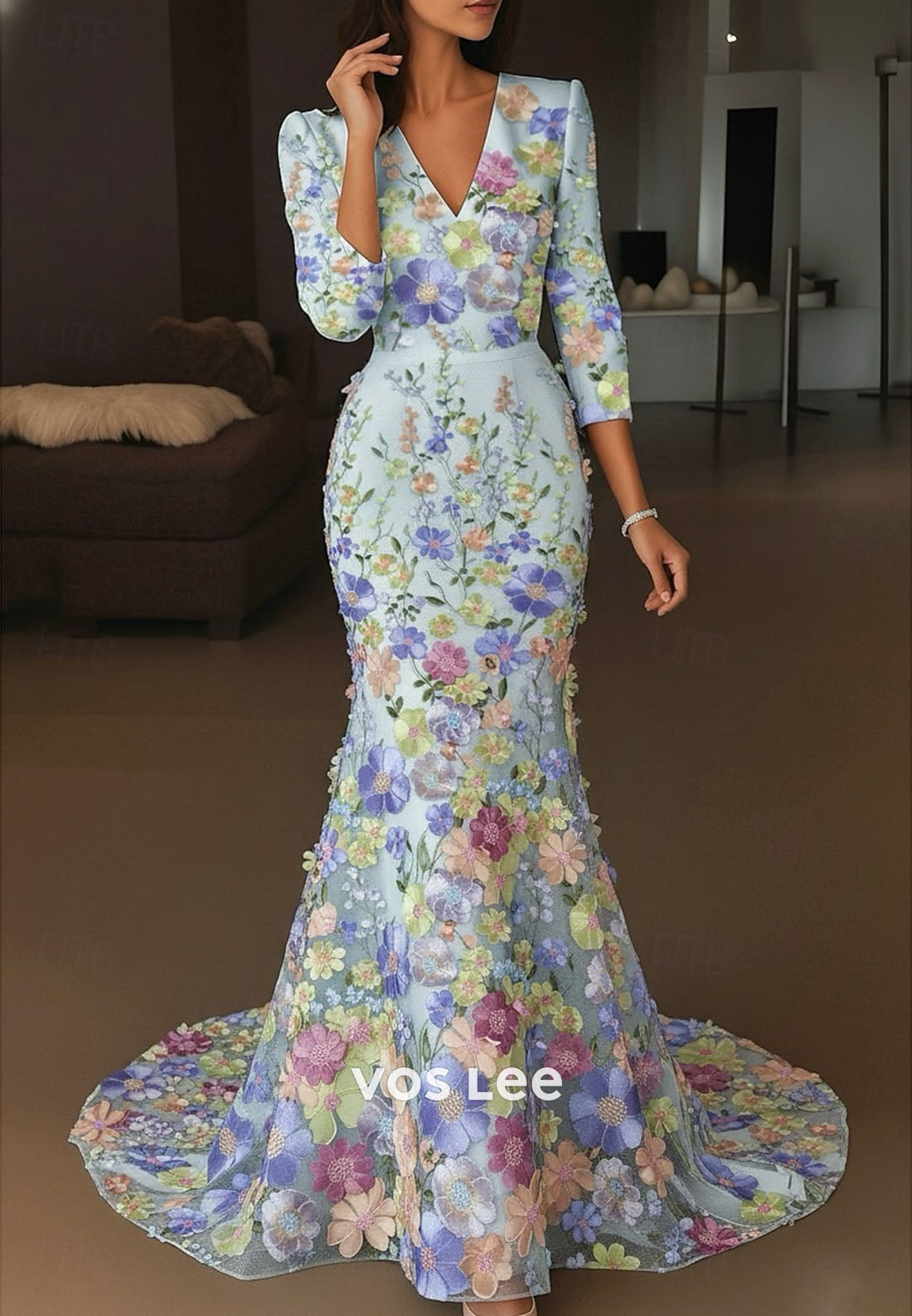 V-Neck Floral Embroidered Formal Dress for Mother of the Bride