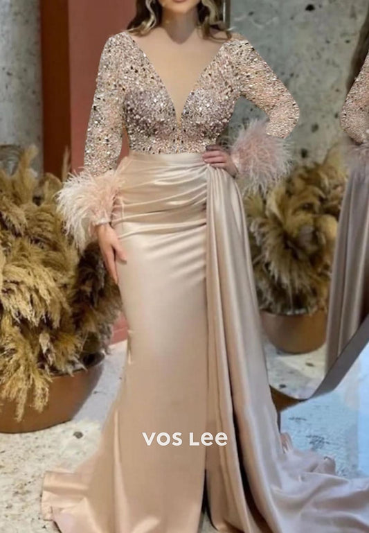 Sparkling V Neck Long Sleeves feather Mermaid Evening Dress with Court Train