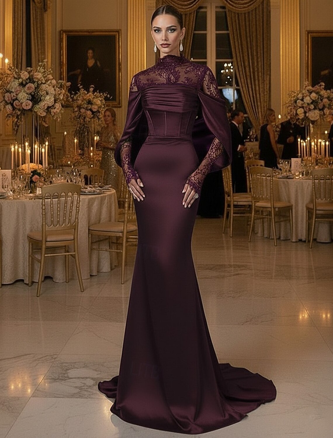 Gold Satin High Neck Evening Gown - Long Sleeve Mermaid Formal Dress with Train