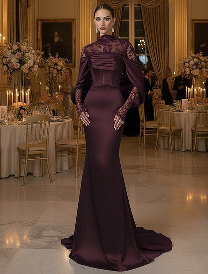 Gold Satin High Neck Evening Gown - Long Sleeve Mermaid Formal Dress with Train