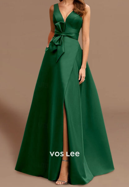 A-Line V Neck Bowknot Embellished Floor-Length Evening Dresses with Pockets