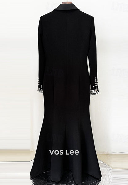 Glamorous & Dramatic Black V-Neck Rhinestone Long Sleeves Evening Dress