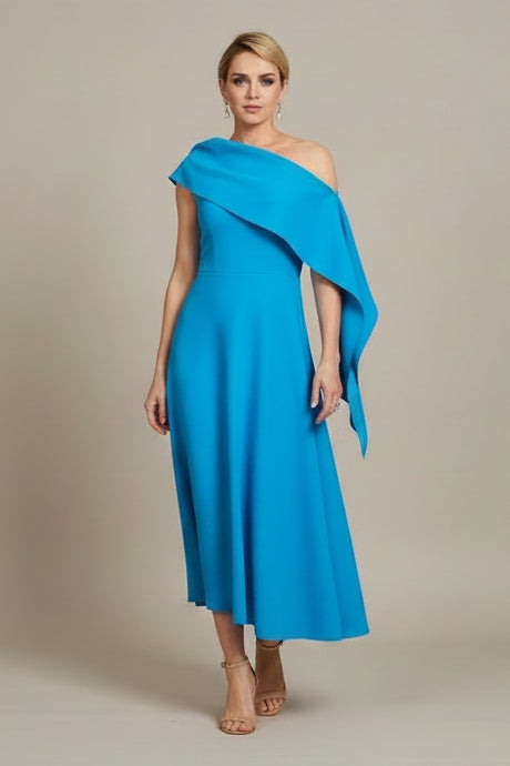 One Shoulder Scalloped V-Neck Midi Dress