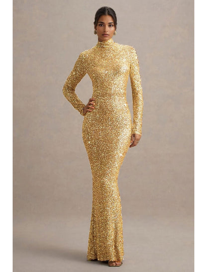 Gold Sequin High Neck Mermaid Prom Dress Long Sleeve Formal Evening Gown