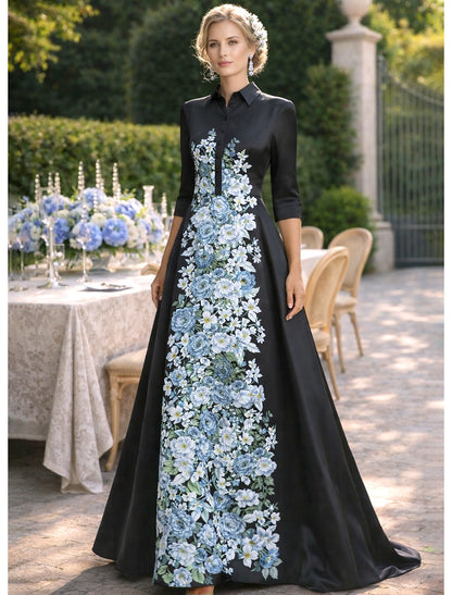 Floral Embroidered Dress - Modern Chinese A-Line Gown with Half Sleeves