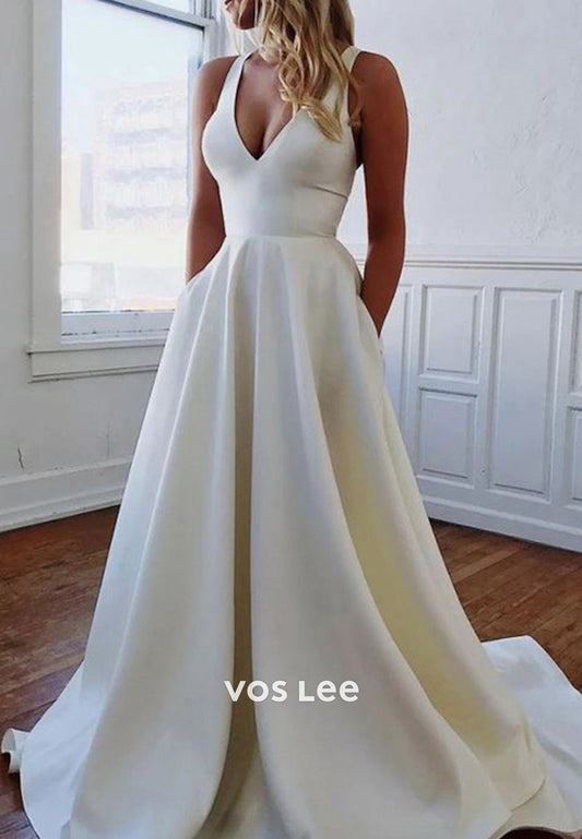 Gorgeous & Charming A-Line V Neck Bowknot Beach Wedding Dresses with Court Train