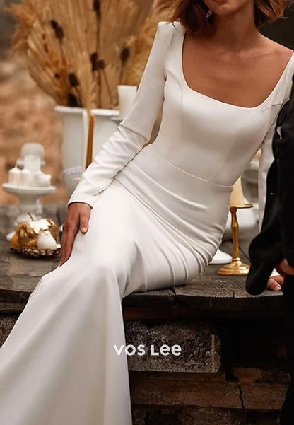 Simple & Classic Long Sleeve Square Pleated Mermaid Wedding Dresses with Sweep Train