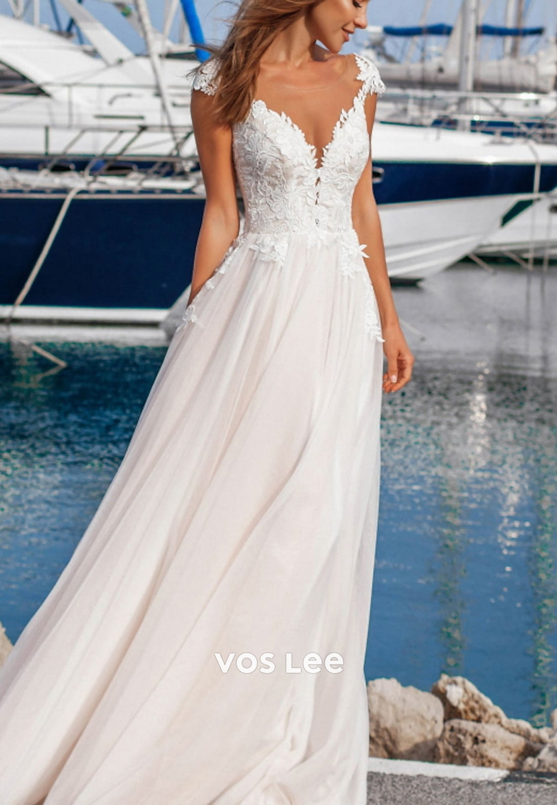 Classic & Timeless A-Line Cap Sleeves V Neck Appliques Lace Pleated Wedding Dresses