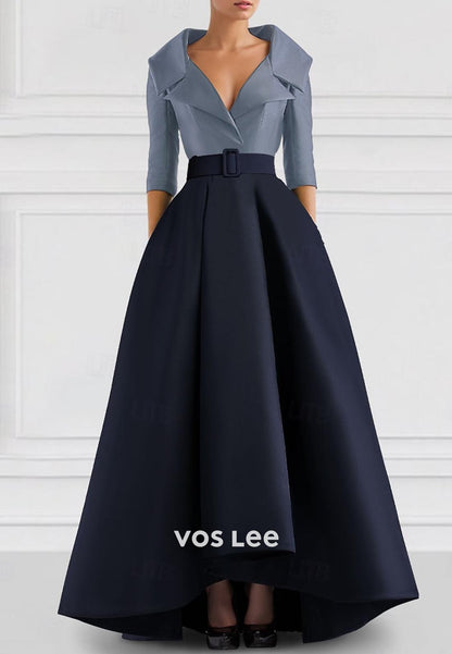 Classic A-Line V-Neck Long Sleeves High Low Evening Formal Dress