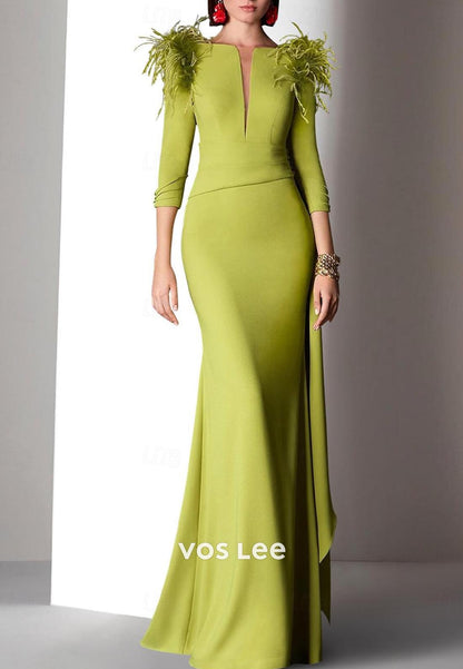 Gorgeous & Charming  Low V-Neck Long Sleeves feather Mermaid Evening Dress