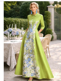Floral Embroidered Dress - Modern Chinese A-Line Gown with Half Sleeves