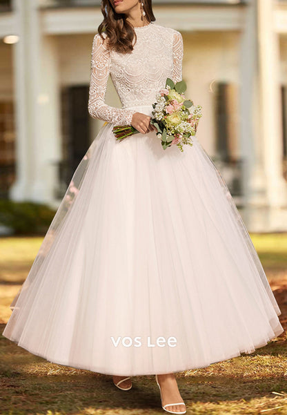 A-Line Long Sleeve Scoop Appliques Lace Ankle-Length Pleated Beach Wedding Dresses