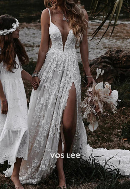 A-Line Spaghetti Straps V Neck Appliques Lace Wedding Dresses with Court Train
