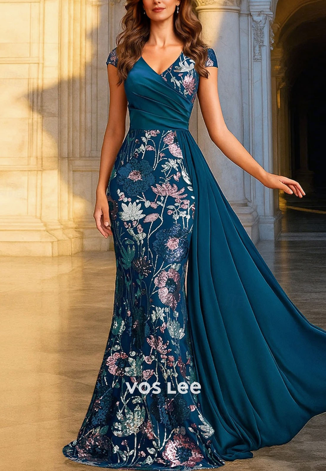 Luxurious Floor Length Short Sleeve Mother of the Bride Dress with Beading Flower