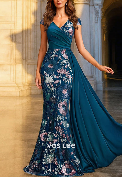 Luxurious Floor Length Short Sleeve Mother of the Bride Dress with Beading Flower