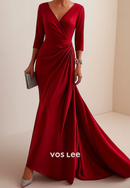 3_4 Length Sleeve V Neck Column Floor Length Evening Gown