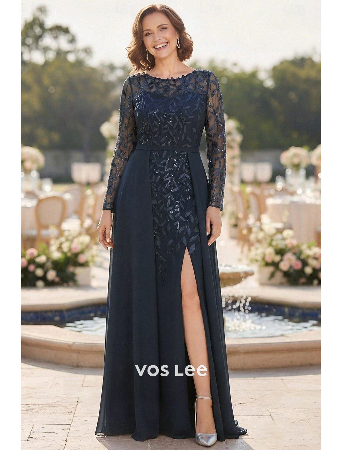 Navy Blue Sequin Lace Chiffon Maxi Dress with Slit | Mother of the Bride & Wedding Guest Formal Gown