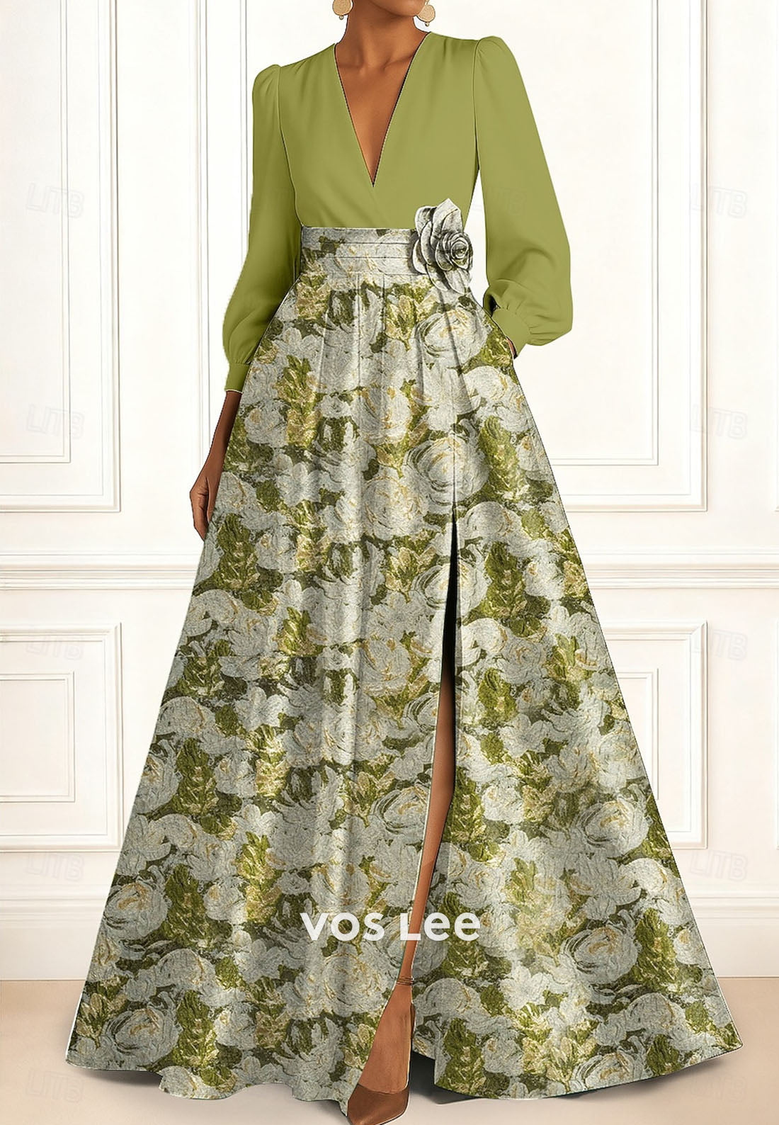 V-Neck Long-Sleeves A Line Evening Dress Mother Dress