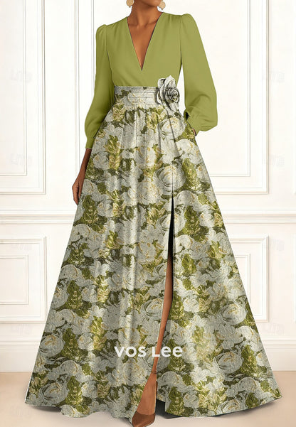 V-Neck Long-Sleeves A Line Evening Dress Mother Dress