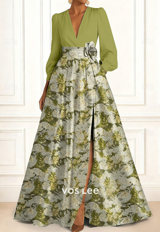 V-Neck Long-Sleeves A Line Evening Dress Mother Dress