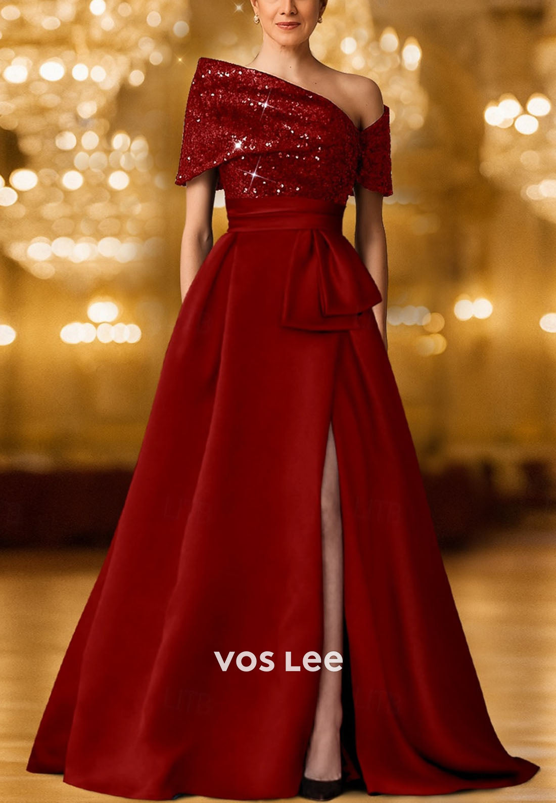 Sequin Off shoulder A-Line Satin Evening Gown Split Mother Dress